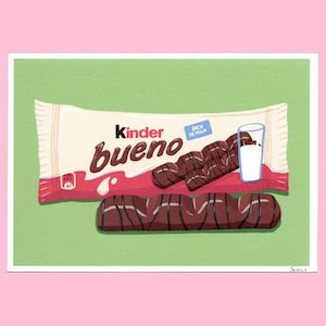 May include: A green background with a Kinder Bueno chocolate bar wrapper and two Kinder Bueno chocolate bars. The wrapper says "Kinder Bueno" and "Rich in Milk". There is a glass of milk next to the chocolate bars.