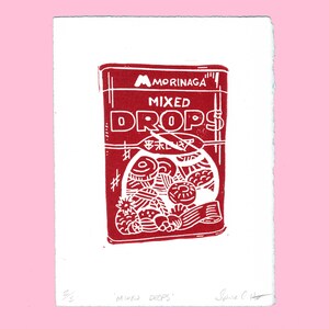Red Linocut Print - Morinaga Mixed Drops - Candy packaging illustration