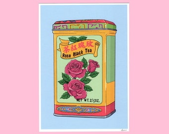 A5 or A6 Art Print - Rose Black Tea Leaves Tin -  Packaging illustration