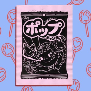 Peko Chan Japanese Candy - A5 Linocut Print on pink paper - Packaging illustration