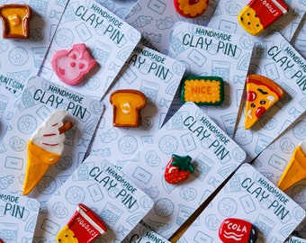 Handmade Clay Pins - Cute Collectible Snack Themed Brooches - Unique Accessories for Food Lovers - Pizza, Ice-Cream, Strawb, Noodles & More