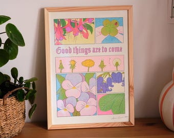 Colorful Risograph Flower Print: Handcrafted A3 Wall Art