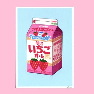 Impressão artística A5 ou A6 - Bebida de leite com morango Meiji - Caixa de bebida japonesa