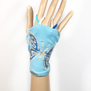 unique, sparkly handmade hand painted woman&#39;s Butterfly sun gloves with dangling beads, for driving, swim, or dance