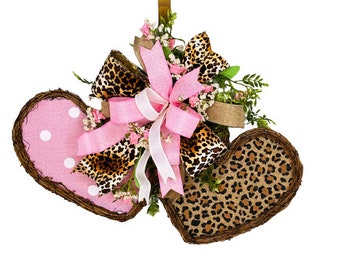 Heart wreath, valentines wreath, double heart wreath, cheetah print wreath, valentines decoration, Leopard print decor, leopard valentine,