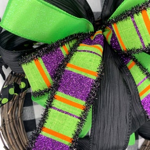 May include: A green, purple and orange striped ribbon with black fringe trim. The ribbon is tied into a bow with a black sheer ribbon.