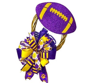 Purple and Gold Football Wreath, LSU Tiger Door Decor - Sports Themed Bow, Glitter Football Wreath for Front Door, Handmade Football Wreath"