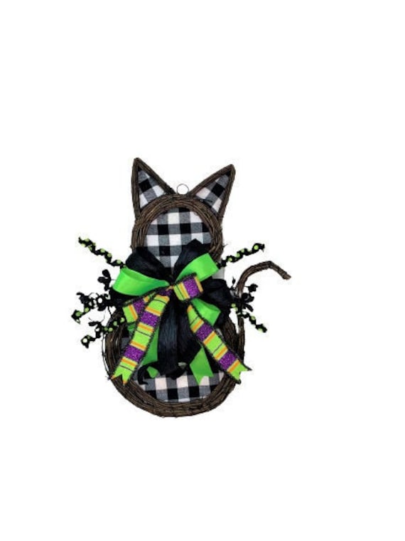 Handmade Halloween Cat Wreath - Spooky Cat Decor, Black and Green Ribbon, Fall Front Door Decoration, Halloween Party Decor, Cat Lovers Gift