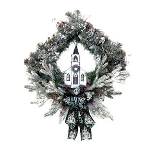 Winter wreath snowy church scene Christmas wreath has heartwarming charm. Traditional design w/  Snowy Evergreens and warm country church.