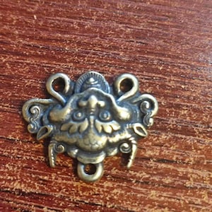 May include: A brass-toned metal charm featuring a detailed, symmetrical creature face with prominent eyes, a textured snout, and swirling decorative elements. The piece includes three small circular loops for attachment, positioned at the top and bottom.