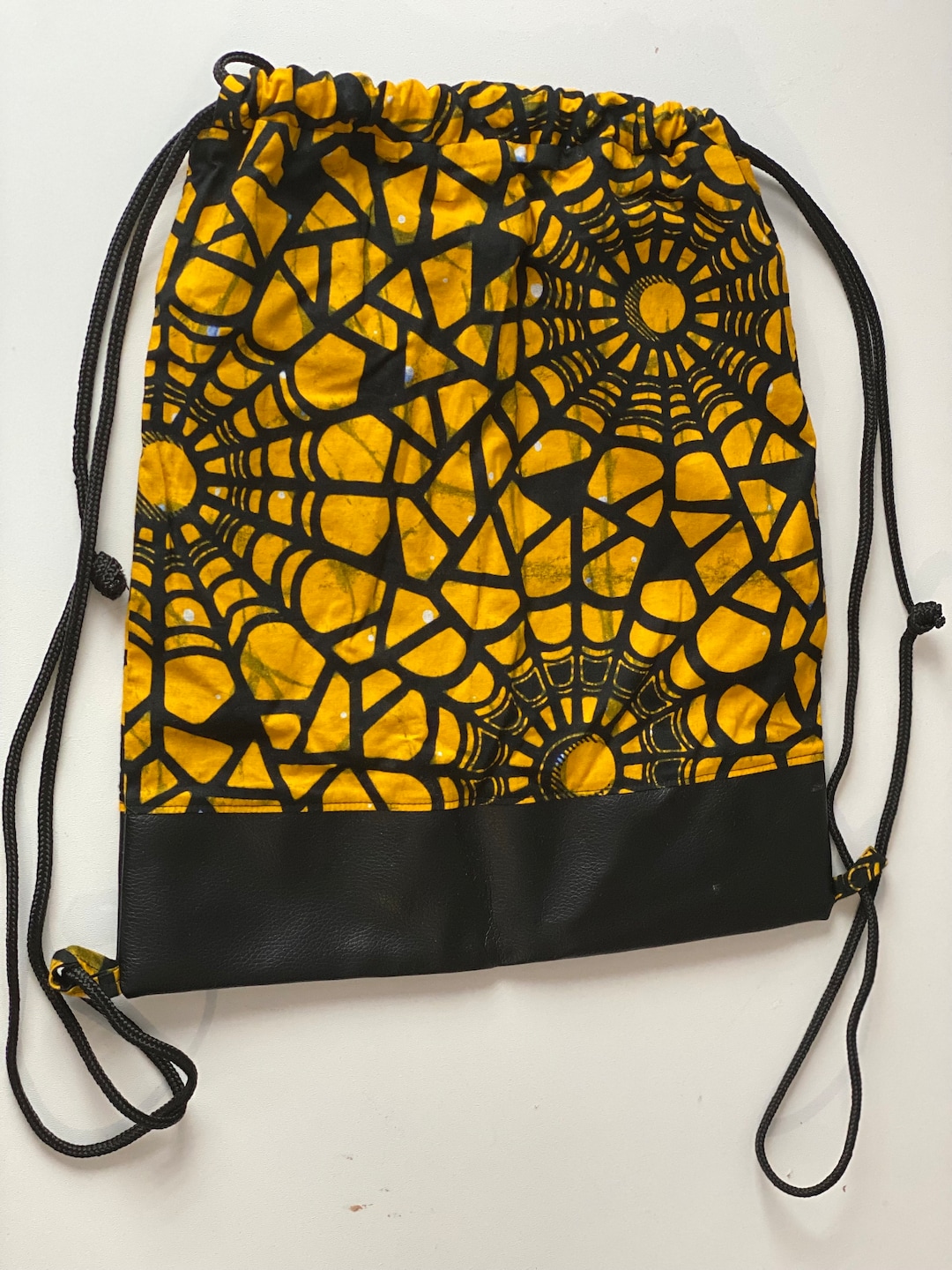 Yellow and Black Wax Backpack – Spider Web Pattern – Handmade Mixed Bag ...
