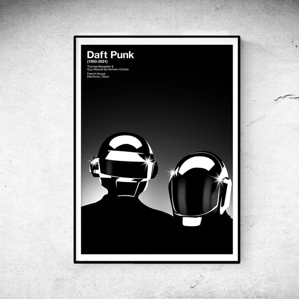 Serie de pioneros de la música. Daft Punk 1993 - 2021. Pioneros de la música dance y electrónica. Casa Francesa. Póster de alta calidad en varios tamaños A.