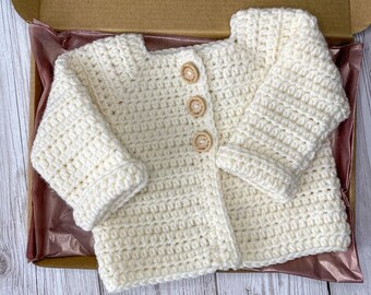Unisex Crochet White Baby Cardigan, Knitted Cardigan, Unisex Baby's first Cardigan, Going Home Outfit, Baby Shower Gift, White Baby Sweater