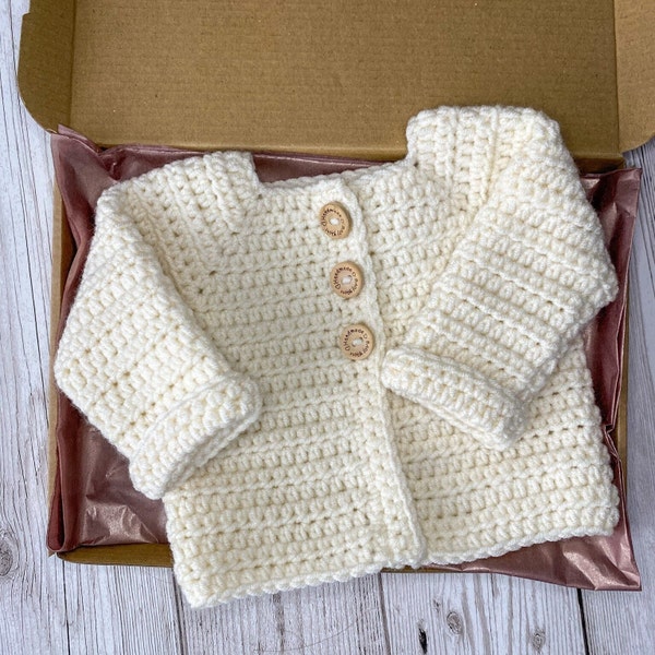 Unisex Crochet Baby Cardigan with wooden buttons, White Knitted Cardigan for Newborn, Baby's first Cardigan, Neutral Handmade new baby gift