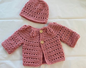 Crochet Baby Girls Cardigan and Hat set, Falling leaves Baby Sweater, Newborn Baby Pink hat and Cardigan, Coming home from hospital outfit