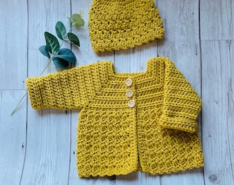 Handmade Crochet Baby Cardigan and Hat set, Baby's first Hat and Cardigan, New born Baby Gift Set, Baby coming Home from hospital Outfit