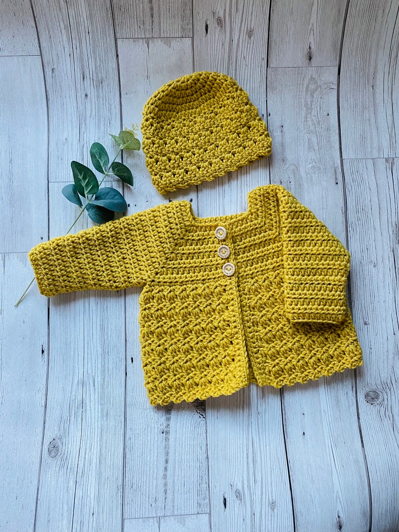 Handmade Crochet Baby Cardigan and Hat set, Baby's first Hat and Cardigan, New born Baby Gift Set, Baby coming Home from hospital Outfit image 5