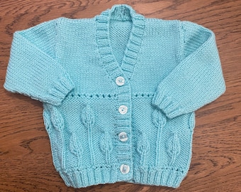 Unisex Knitted blue Baby Cardigan, ready to post, 0-1 month, newborn v neck Cardigan, Knitted Cardigan for baby girl, Handmade baby clothes