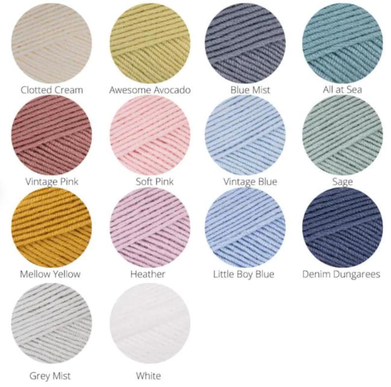 A yarn colour chart showing 14 different colours.