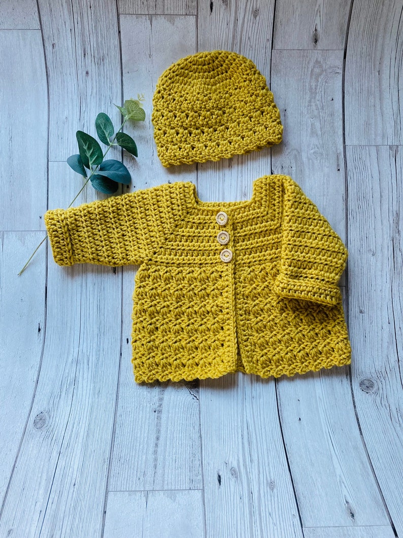 Handmade Crochet Baby Cardigan and Hat set, Baby's first Hat and Cardigan, New born Baby Gift Set, Baby coming Home from hospital Outfit image 1
