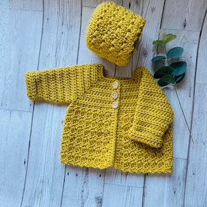 Handmade Crochet Baby Cardigan and Hat set, Baby's first Hat and Cardigan, New born Baby Gift Set, Baby coming Home from hospital Outfit image 7
