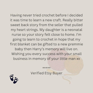 May include: A customer review for a crochet business, with a handwritten message expressing gratitude for the seller's story and support. The review includes the text "Verified Etsy Buyer" and a pair of blue footprints.