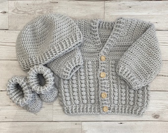 Crochet baby V neck Cardigan set, Beanie hat and booties, Coming home outfit boy, Newborn bobble cardigan boy, Baby boy crochet sweater gift