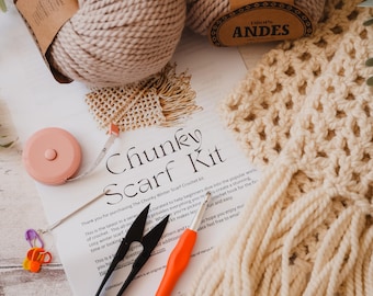 Kit inicial de crochê para cachecol grosso, conjunto de artesanato para iniciantes, aprenda um novo hobby, presente fácil para adultos.