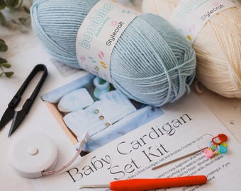 Beginner Crochet Kit: Baby Cardigan, Hat & Booties, Right or left handed PDF Pattern