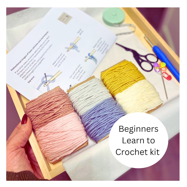 Sample beginners learn to crochet kit. Complete with over 120 metres of yarn, craft scissors, hook, tape measure and PDF instructions.