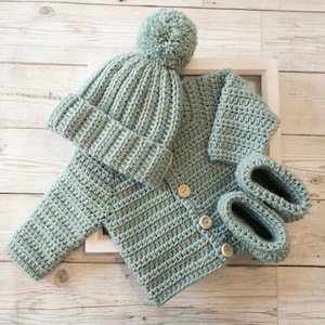 Handmade Crochet Unisex Baby Cardigan with Ribbed Beanie Hat and Booties, Pompom baby beanie, Toddler cardigan and hat, preemie - 2 year old