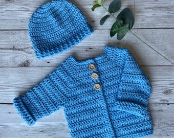 Crochet newborn Baby Cardigan and Hat set, New born Sweater set, Crochet coming home from hospital baby clothes, unisex baby cardigan set.