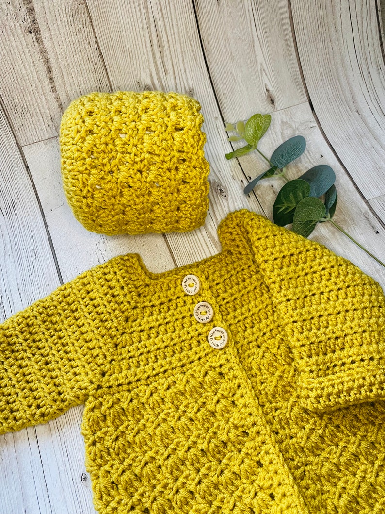 Handmade Crochet Baby Cardigan and Hat set, Baby's first Hat and Cardigan, New born Baby Gift Set, Baby coming Home from hospital Outfit image 2