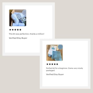 May include: Two Etsy reviews with five stars each. The first review shows a kit for crocheting baby booties with white yarn, a crochet hook, and a pattern. The second review shows a kit for crocheting a baby blanket with blue yarn, a crochet hook, and a pattern.