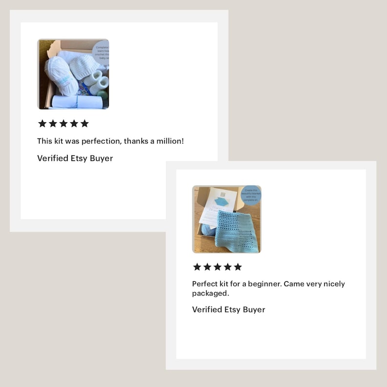 May include: Two Etsy reviews with five stars each. The first review shows a kit for crocheting baby booties with white yarn, a crochet hook, and a pattern. The second review shows a kit for crocheting a baby blanket with blue yarn, a crochet hook, and a pattern.
