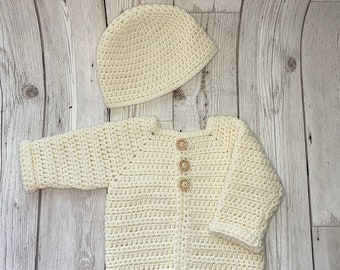 Handmade Unisex Crochet Baby Cardigan and Hat Set, Sweater set for baby, Toddler Hat and Cardigan, Preemie to 2 years, Newborn Cardigan set.