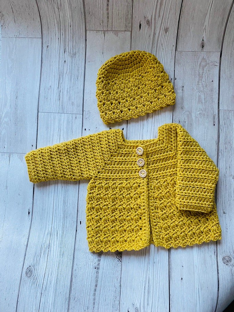 Handmade Crochet Baby Cardigan and Hat set, Baby's first Hat and Cardigan, New born Baby Gift Set, Baby coming Home from hospital Outfit image 10