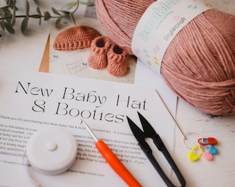 Beginner Crochet Kit: Baby Hat & Booties - Vegan Yarn (PDF Pattern