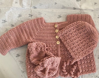 Handmade Baby Girls Cardigan Hat and Booties Set, Modern Baby Crochet, Baby Coming Home Outfit, Baby Shower Gift, Handmade Baby Girl Clothes