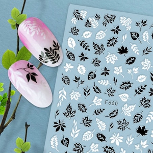3D white & black leaf nail stickers /fall art/gift idea for her for him for kids for party