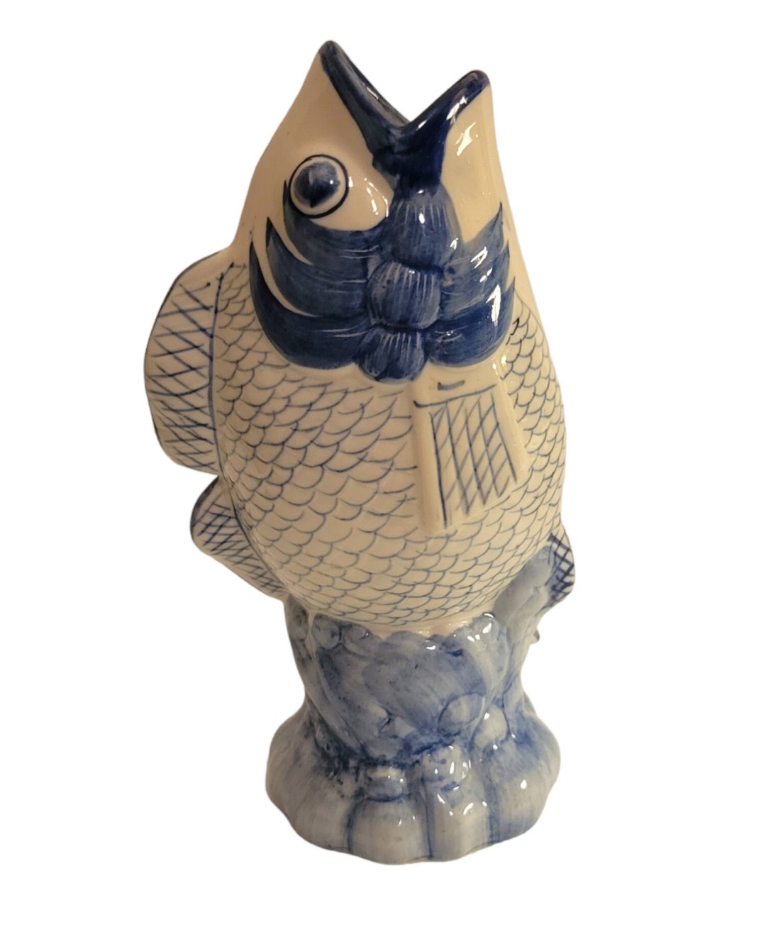 Vintage Collectible Large 9 Chinese Cobalt Blue & White Porcelain Koi