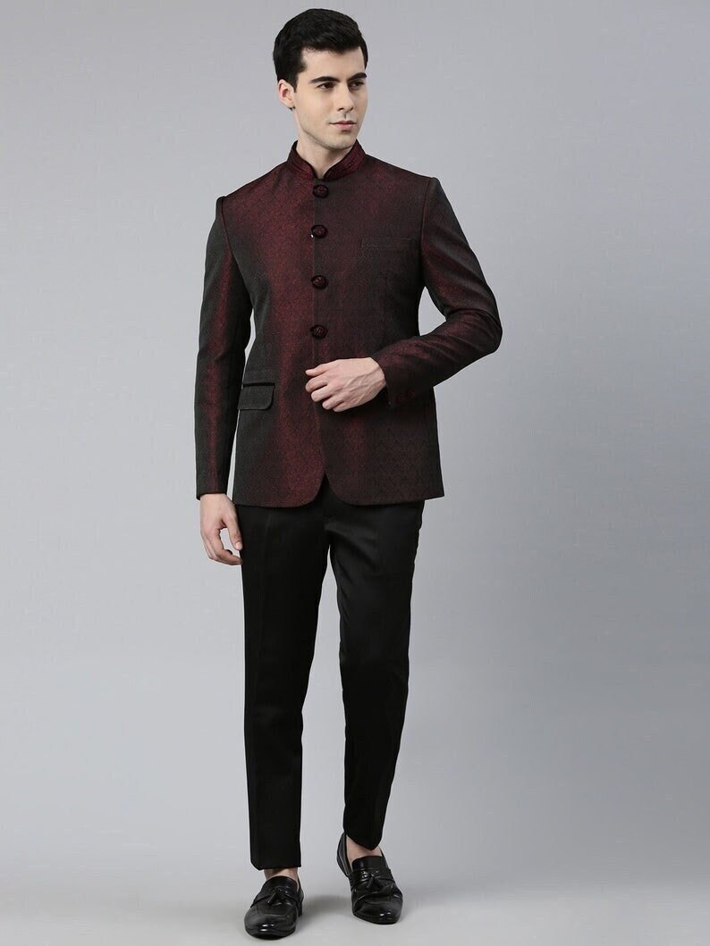 Digital Printed Jute Cotton Jodhpuri Suit in Maroon : MST1334