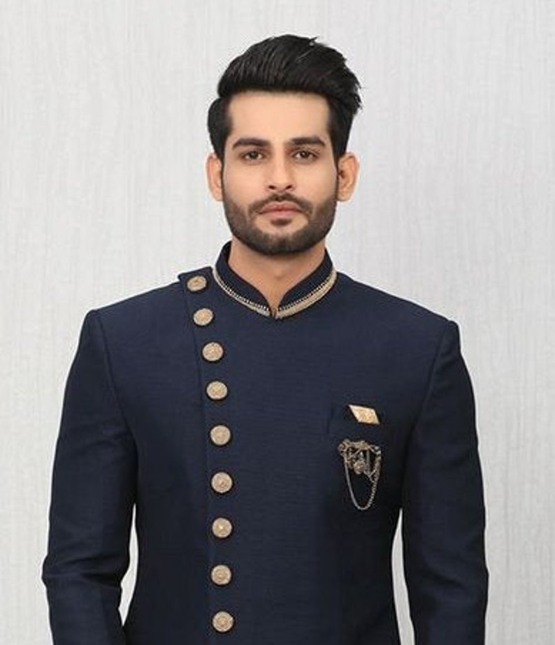 Vastraas Stylish Ethnic Designer Wedding Wear Groom Outfit Traditional Partywear Navy Blue indo western Dress With Harem.