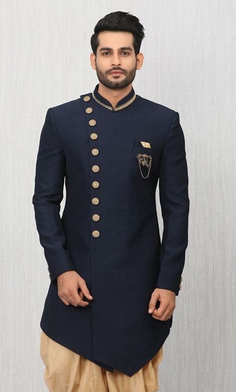 Vastraas Stylish Ethnic Designer Wedding Wear Groom Outfit Traditional Partywear Navy Blue indo western Dress With Harem.