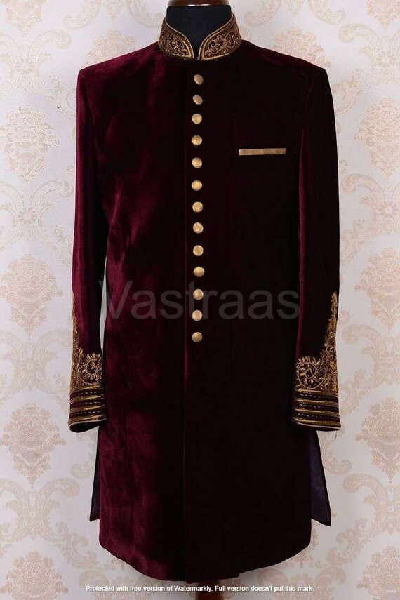 Vastraas New Ethnic Heavy Embroidery Work Maroon Valvet Groom Wedding Wear Marriage Sherwani With Pajama
