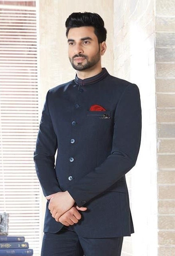 Blue Velvet Bandhgala Suit With Resham Work – Millionaire Bombay