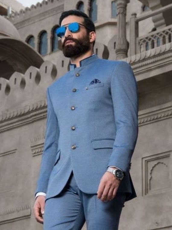 Nile Blue Checks-Plaid Premium Wool-Blend Bandhgala/Jodhpuri Suits for Men.