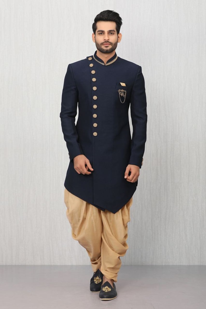 Vastraas Stylish Ethnic Designer Wedding Wear Groom Outfit Traditional Partywear Navy Blue indo western Dress With Harem.