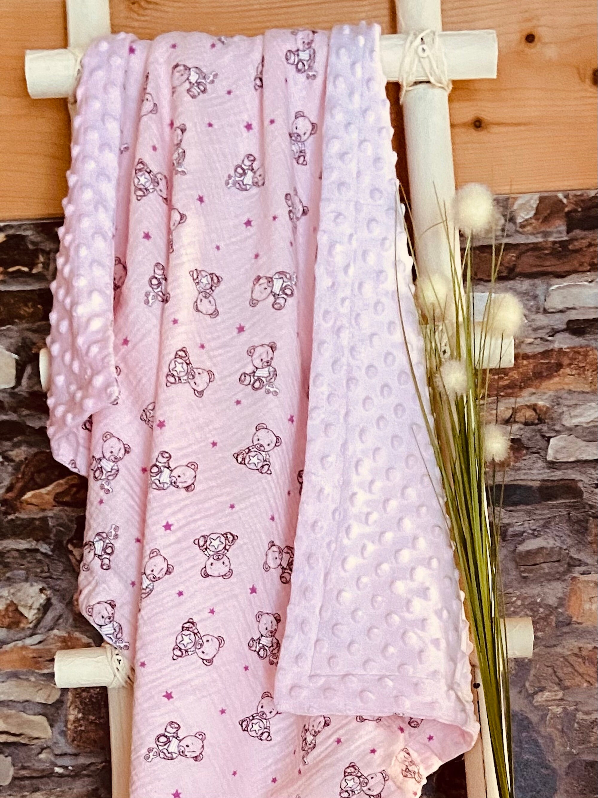 Couverture Bébé, Naissance Jusqu'à 1 An, Coton Double Gaze Rose Imprimé Oursons et Minky Pâle, Taill