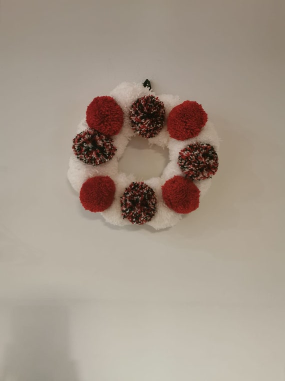 Handmade Pom Pom Wreath White With Red and Green, White, Red Mixed Thread Sparkly  Pom Poms Christmas Wreath 